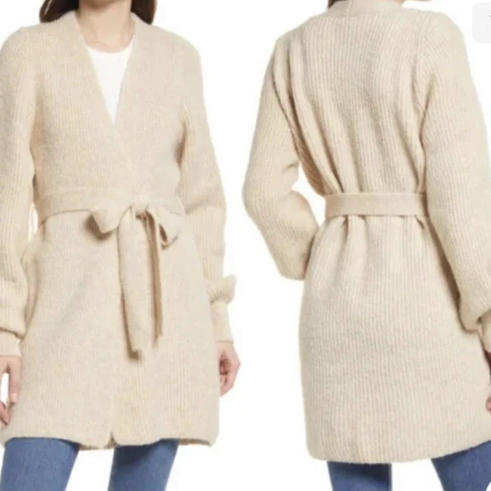 NEW Topshop Belted Blouson Sleeve Beige Cardigan Ribbed Knit Cardigan Sweater S